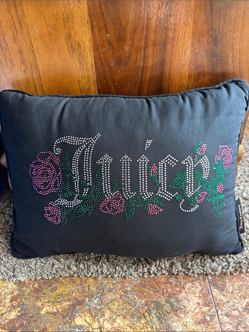 Juicy Couture Black Rhinestone Rose Accent throw Pillow with Pink Green 16x11 z2